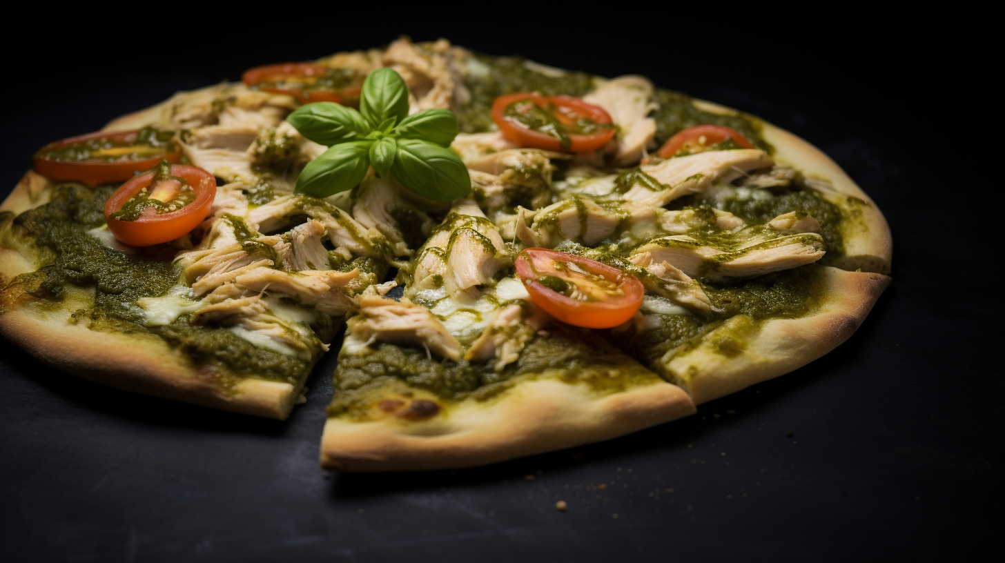 Close-Up of Tasty Pesto Chicken Pizza