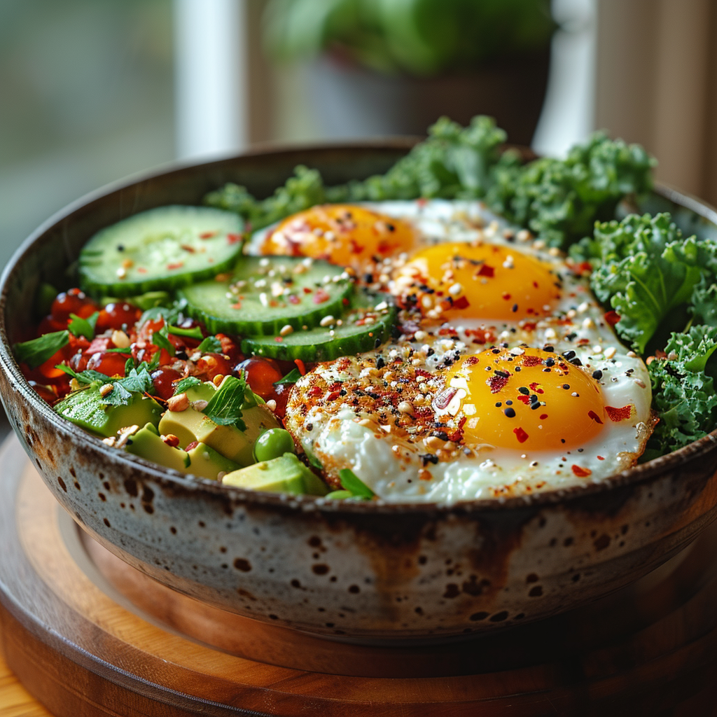 Healthy steaming dish with fried eggs