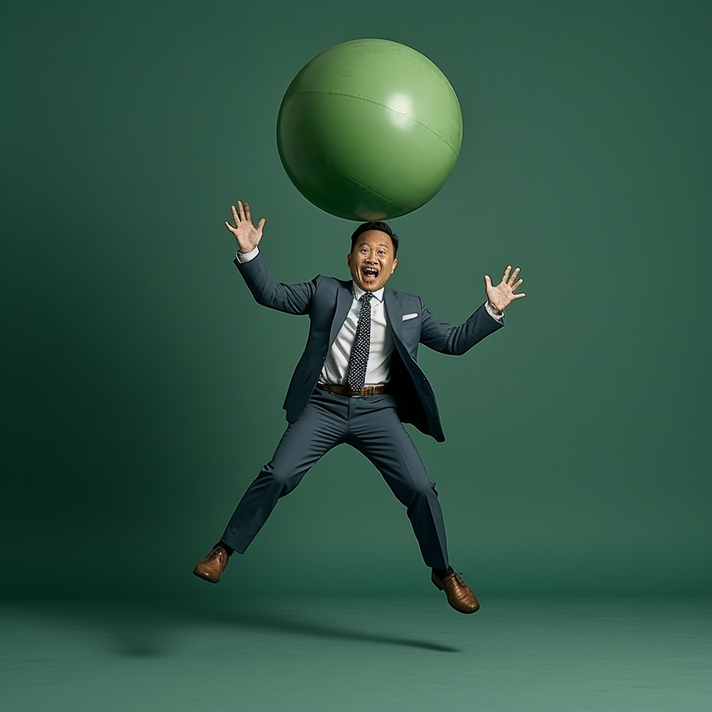 Asian man showcasing strength with green ball