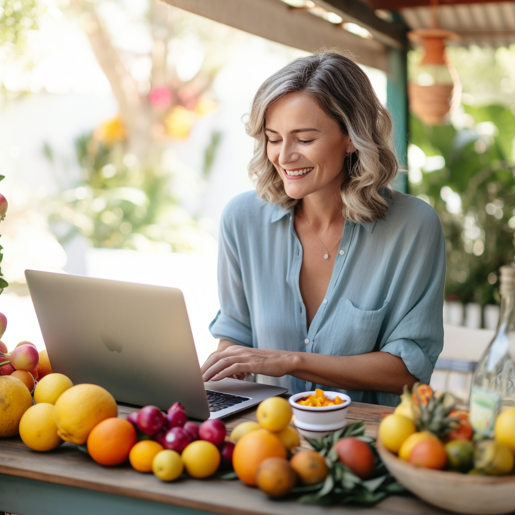 Smiling woman with laptop and fruits