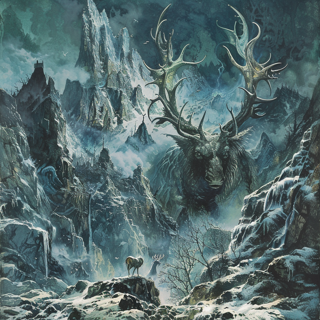 Fantasy creatures in mountain landscape