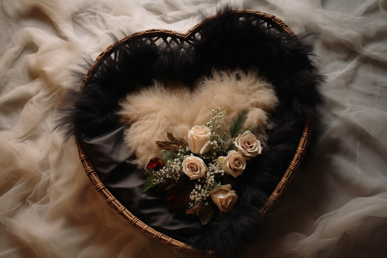 Empty heart basket with fluffy blanket and floral garland