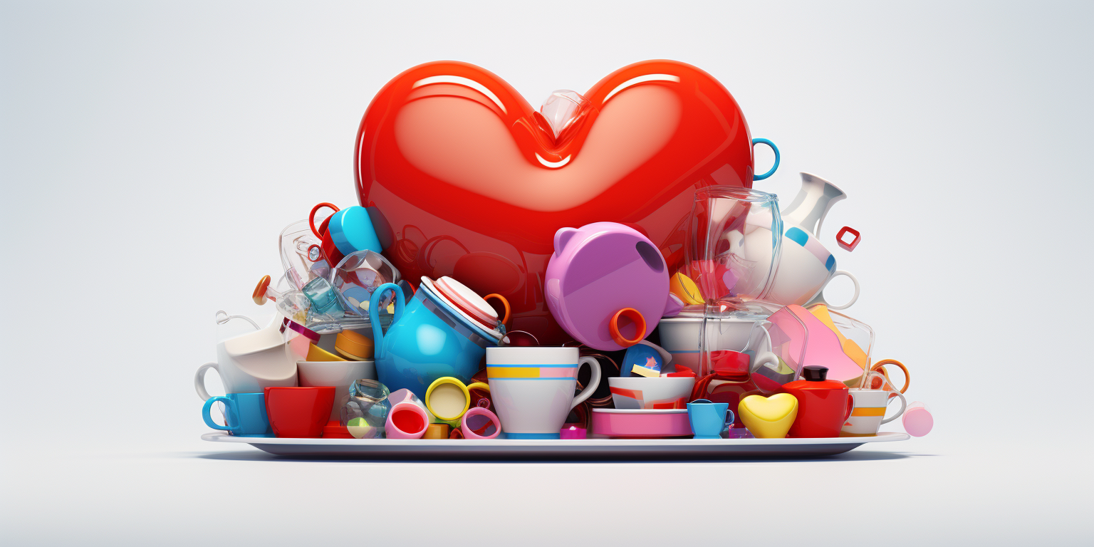 Heart made of dishes, fabric, and toys