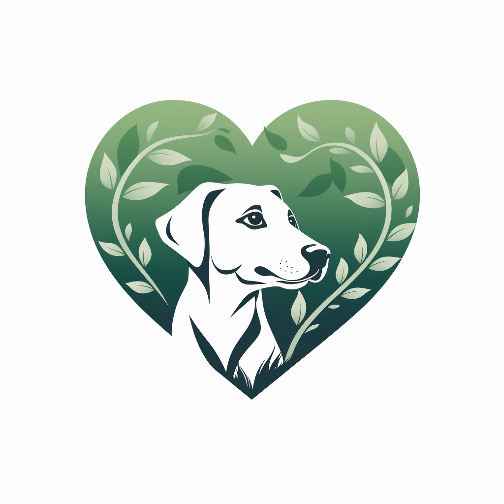 Simplistic logo with heart, dog, and green leaf