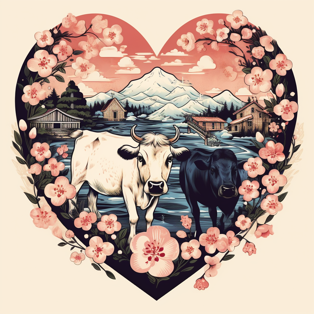 Japanese house with heart-shaped cow and rice