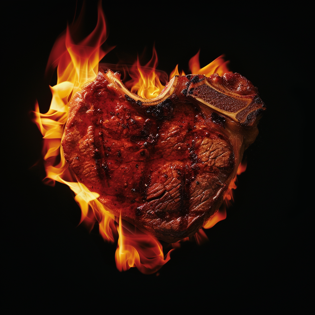 Heart shaped steak in flames