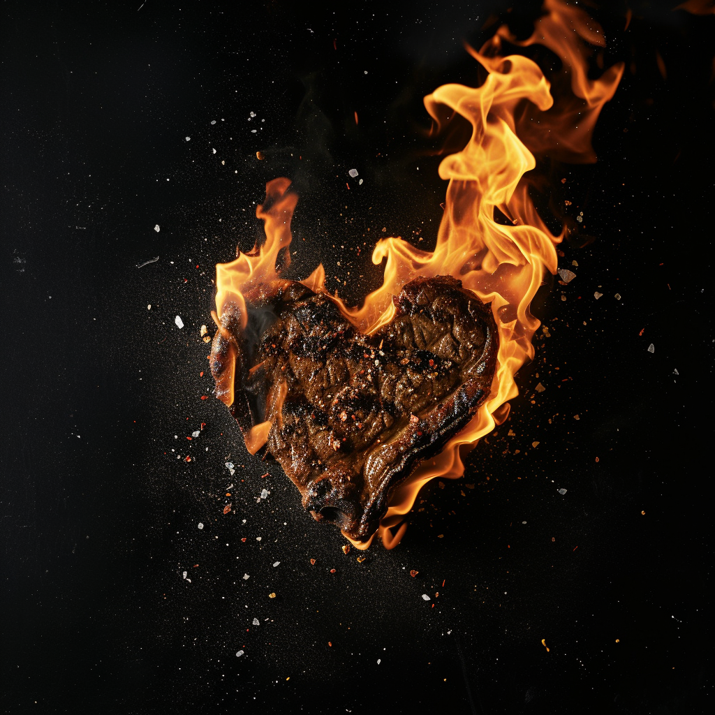 Heart-shaped steak engulfed in flames