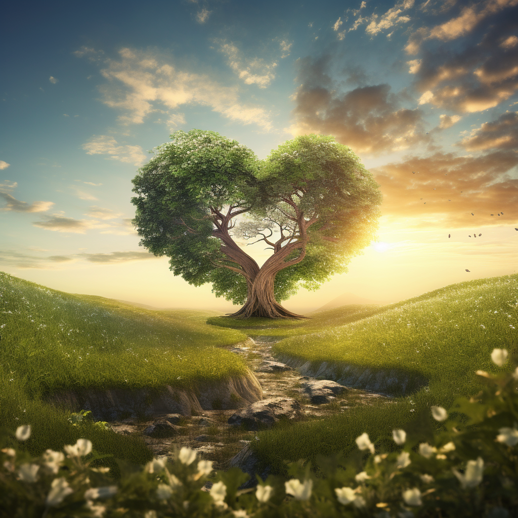 Heart-shaped tree amidst lush green lawn