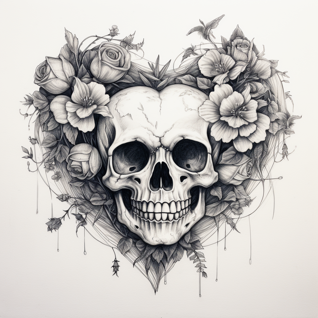 Heart Skull Flowers Sketch Artwork