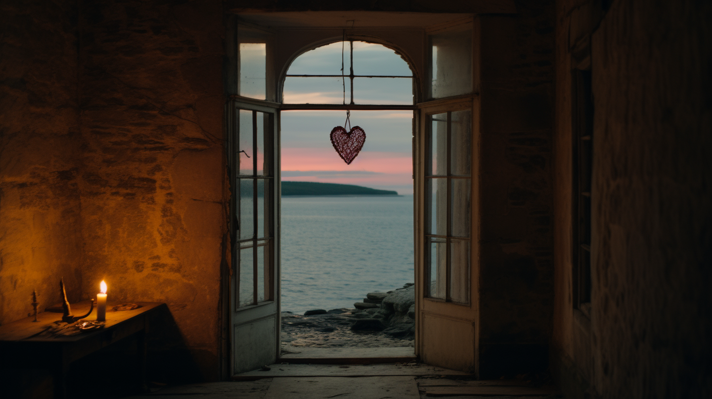 Renaissant heart-sword painting in castle by the sea