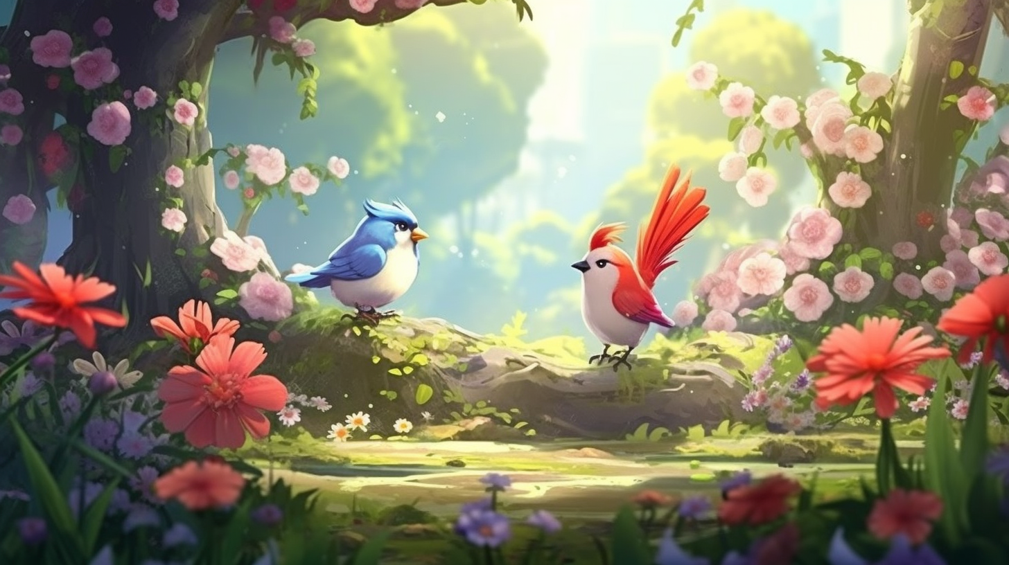 Flappy and Munchy conversing amidst blooming flowers