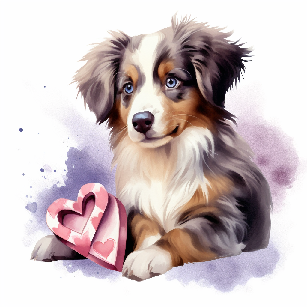 Australian Shepard puppy with gift box