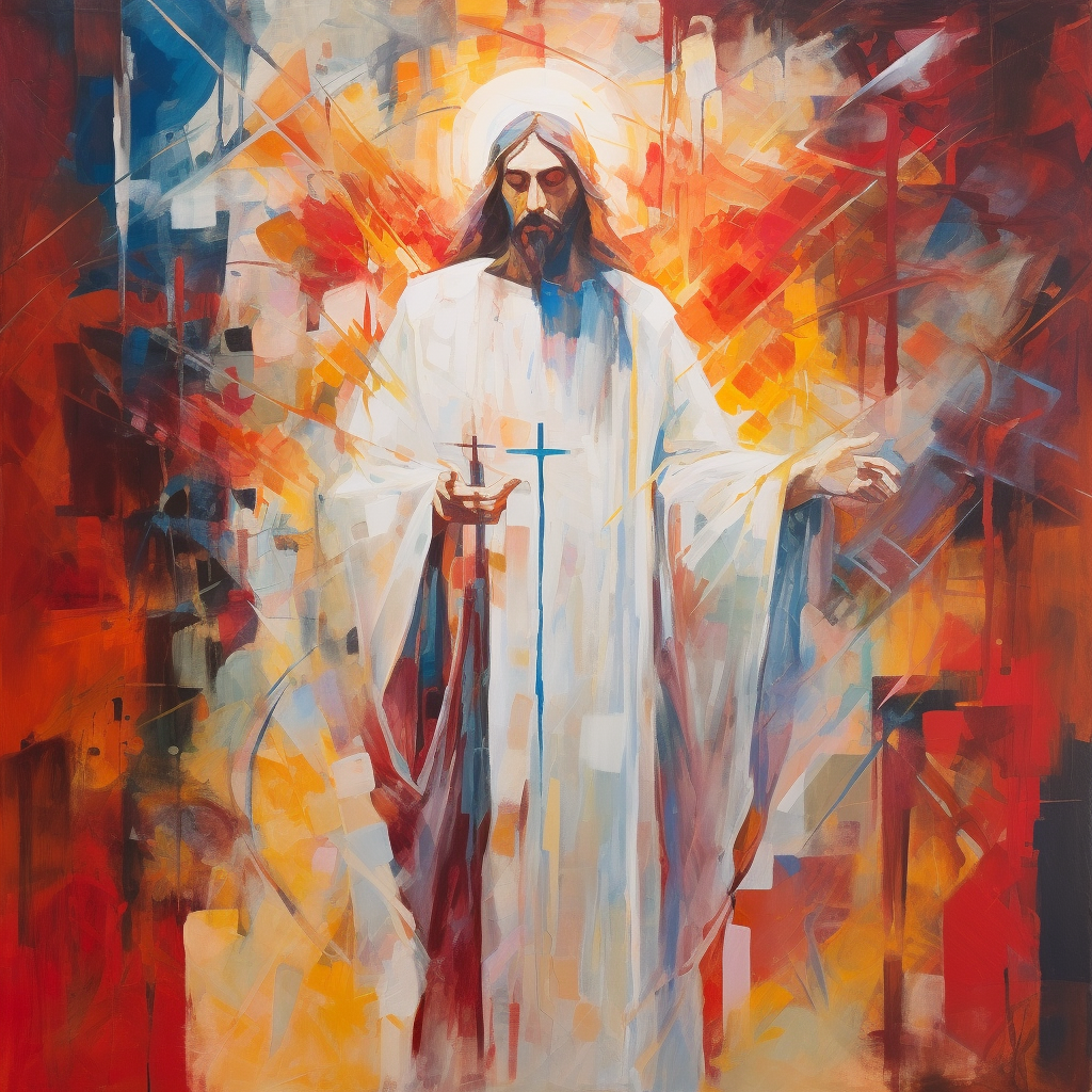 Abstract depiction of Jesus in white and red