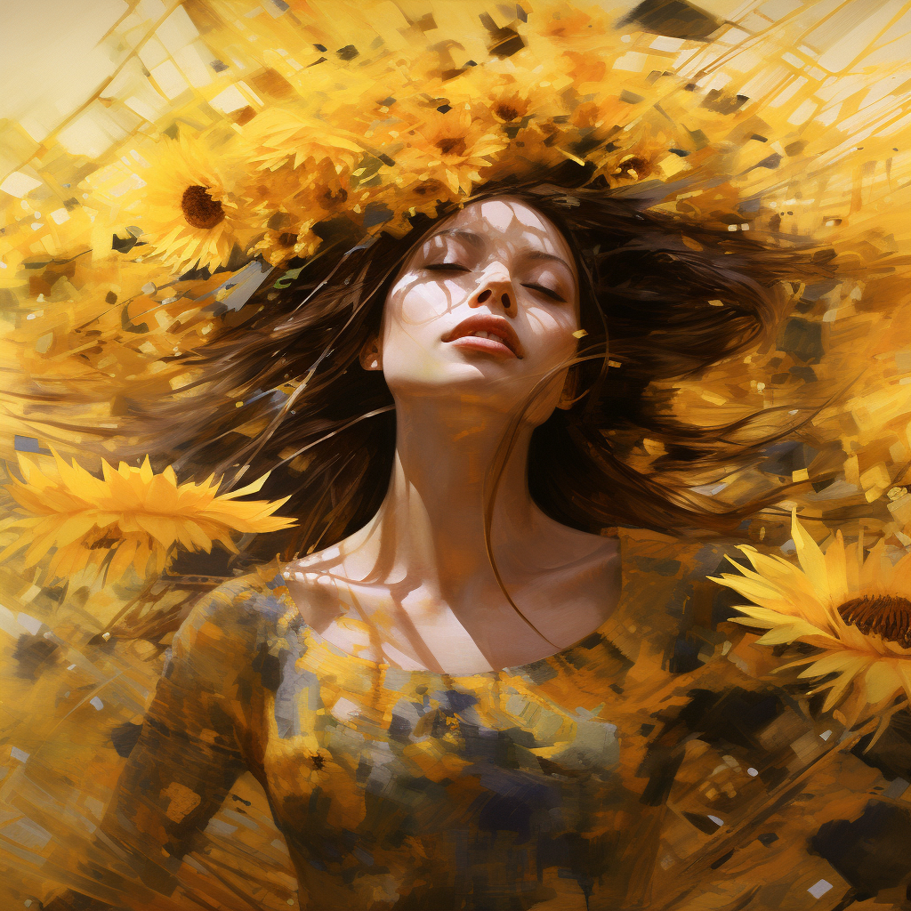 Shimmering Woman in Yellow Dress on Flower Field