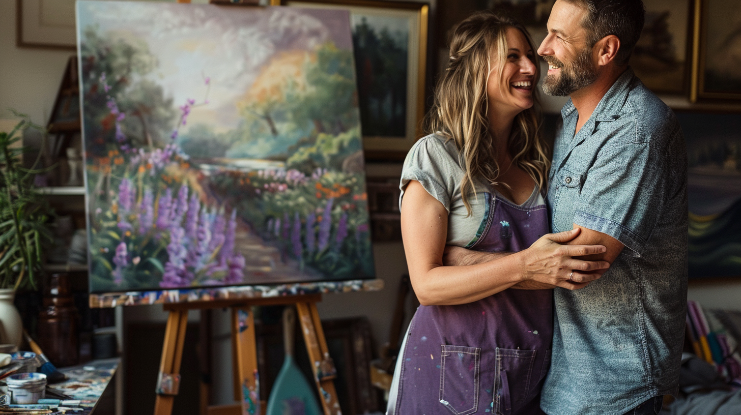 Woman painting with husband hug