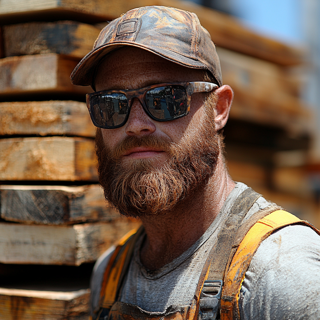 Construction worker carrying decking wood