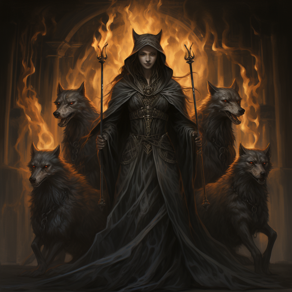 Hecate with burning torches and dogs