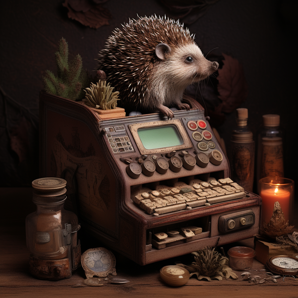 Cute hedgehog with cash register and coins