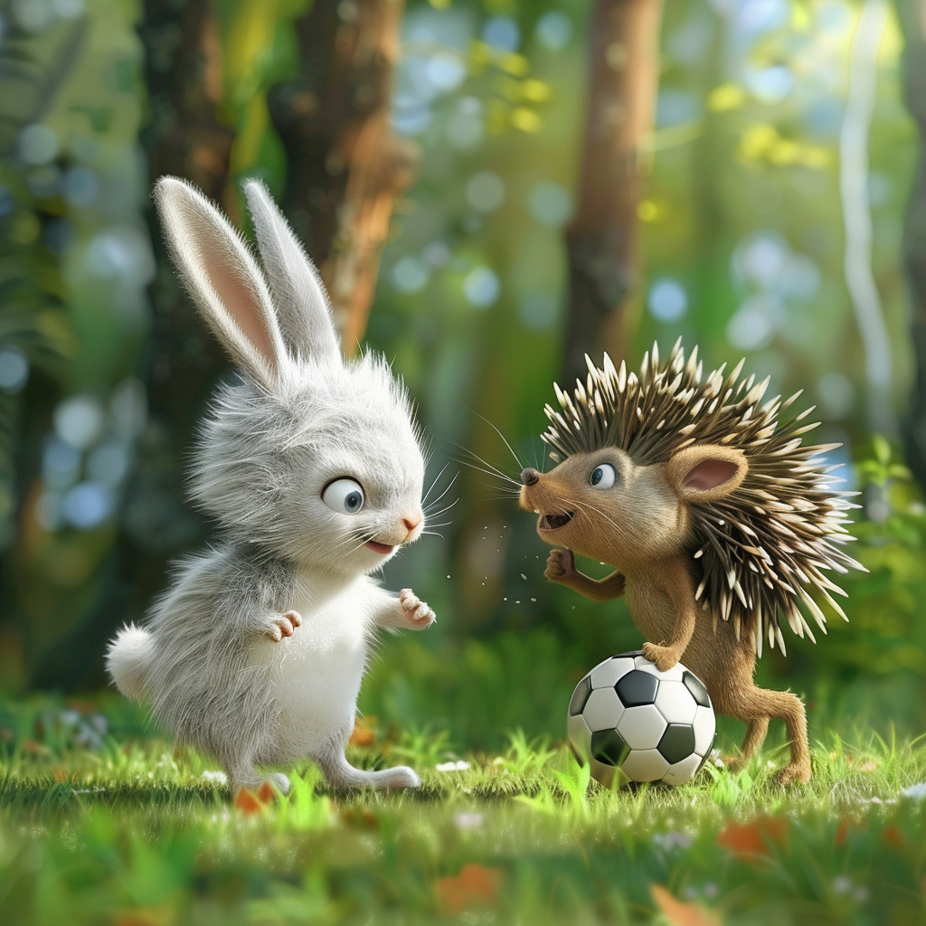 Cartoon animals playing soccer in forest