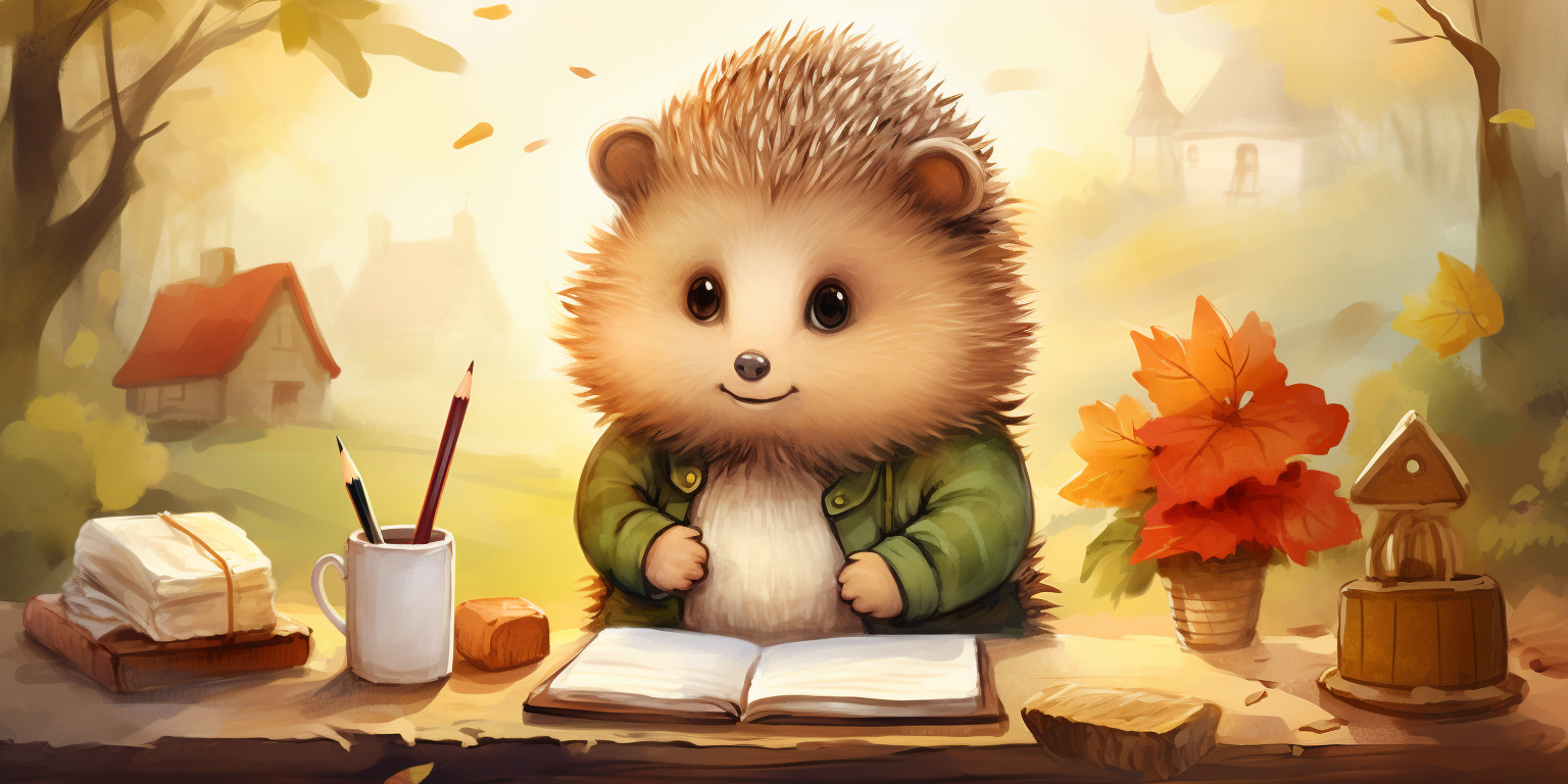 Cute Hedgehog Writing with Quill Pen in Jungle