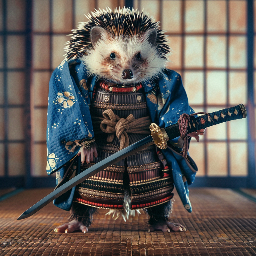 Hedgehog in Samurai Costume Standing Proudly