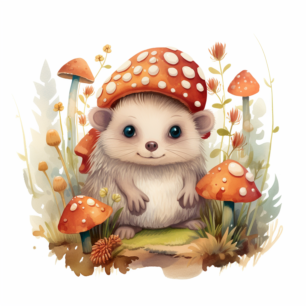 Cute hedgehog hiding in vibrant mushrooms