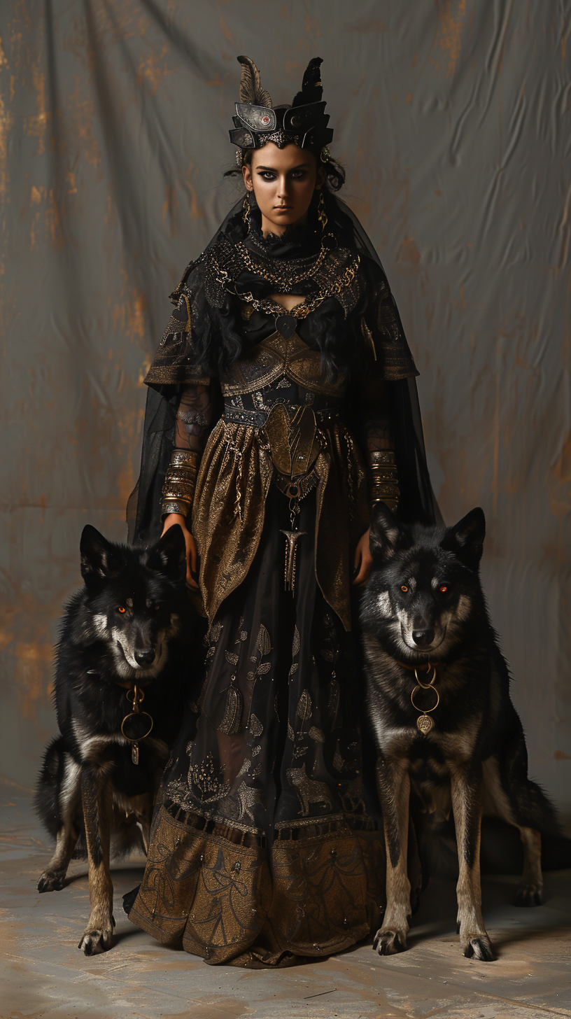 Three-headed Hekate with black wolves