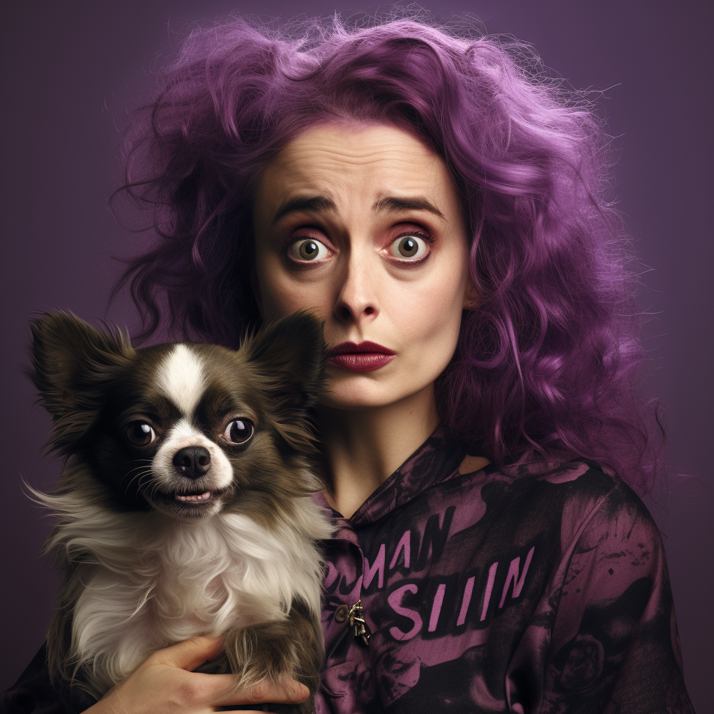 Helena Bonham Carter with Purple Hair and Snarling Chihuahua