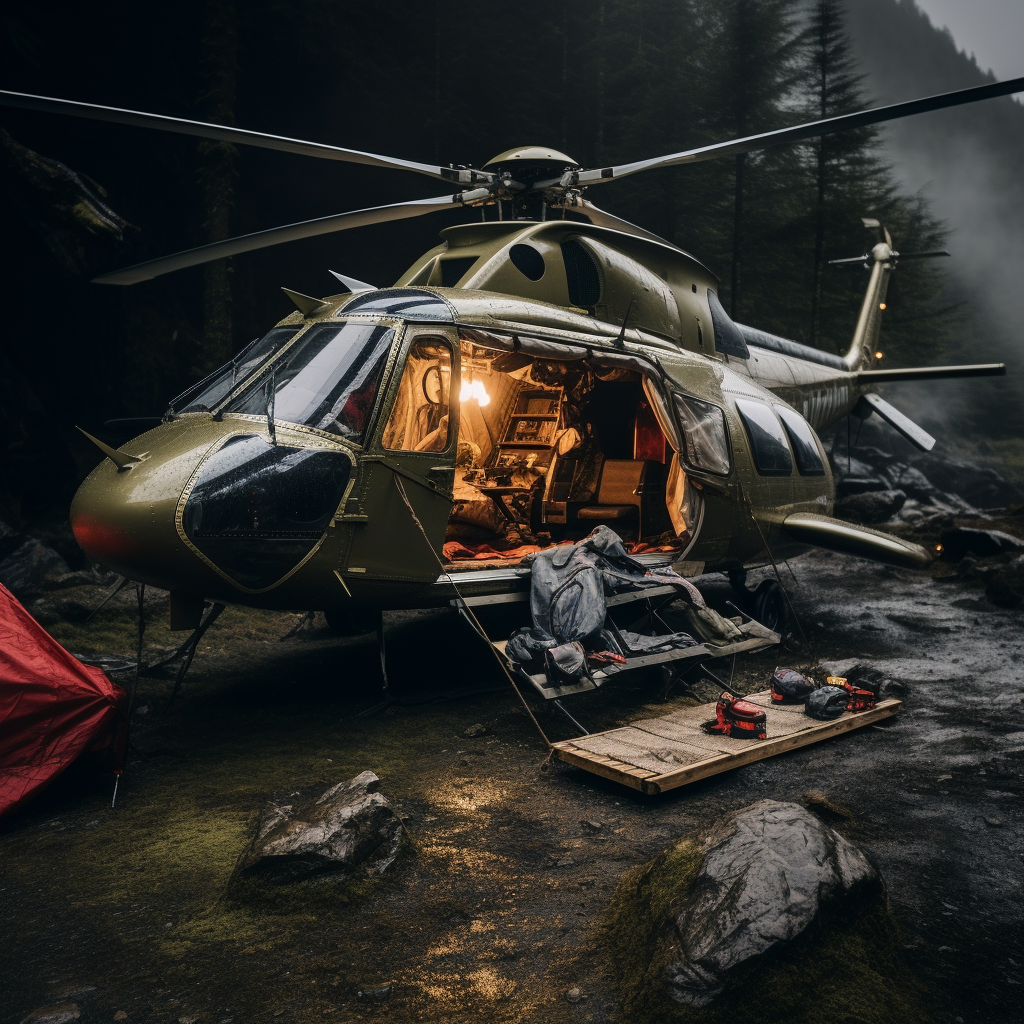 Helicopter camping adventure in nature