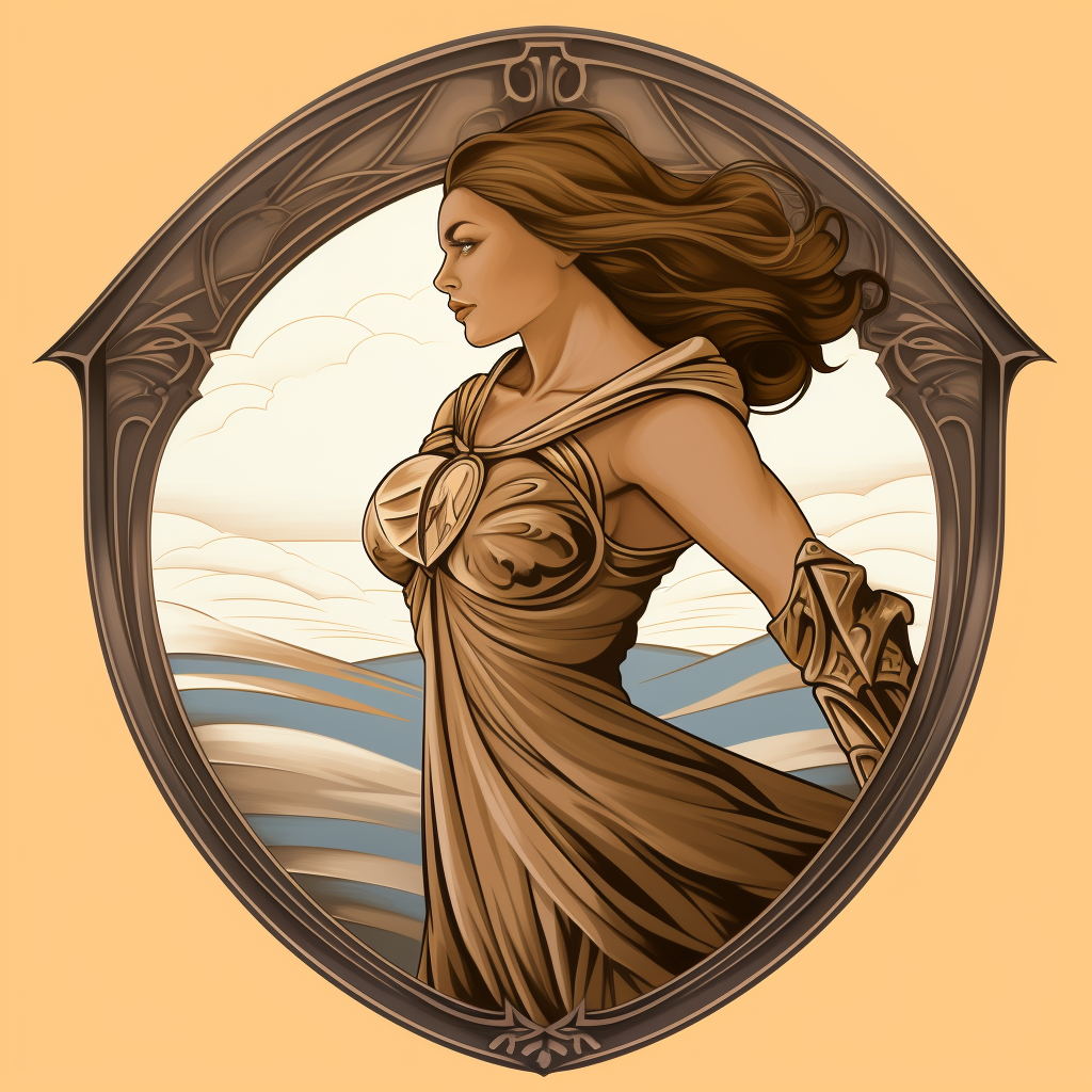 Art deco illustration of a hellenic woman with a shield