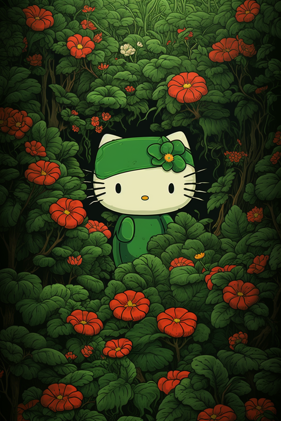 Retro manga Hello Kitty in forest