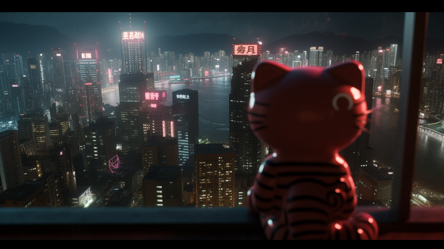 Hello Kitty gazing at cityscape