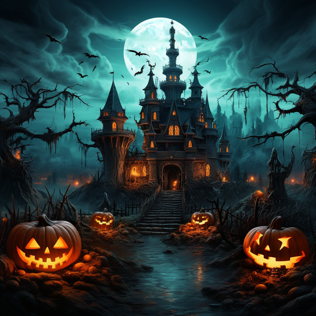 Dark Helloween Night with Castle and Pumpkins