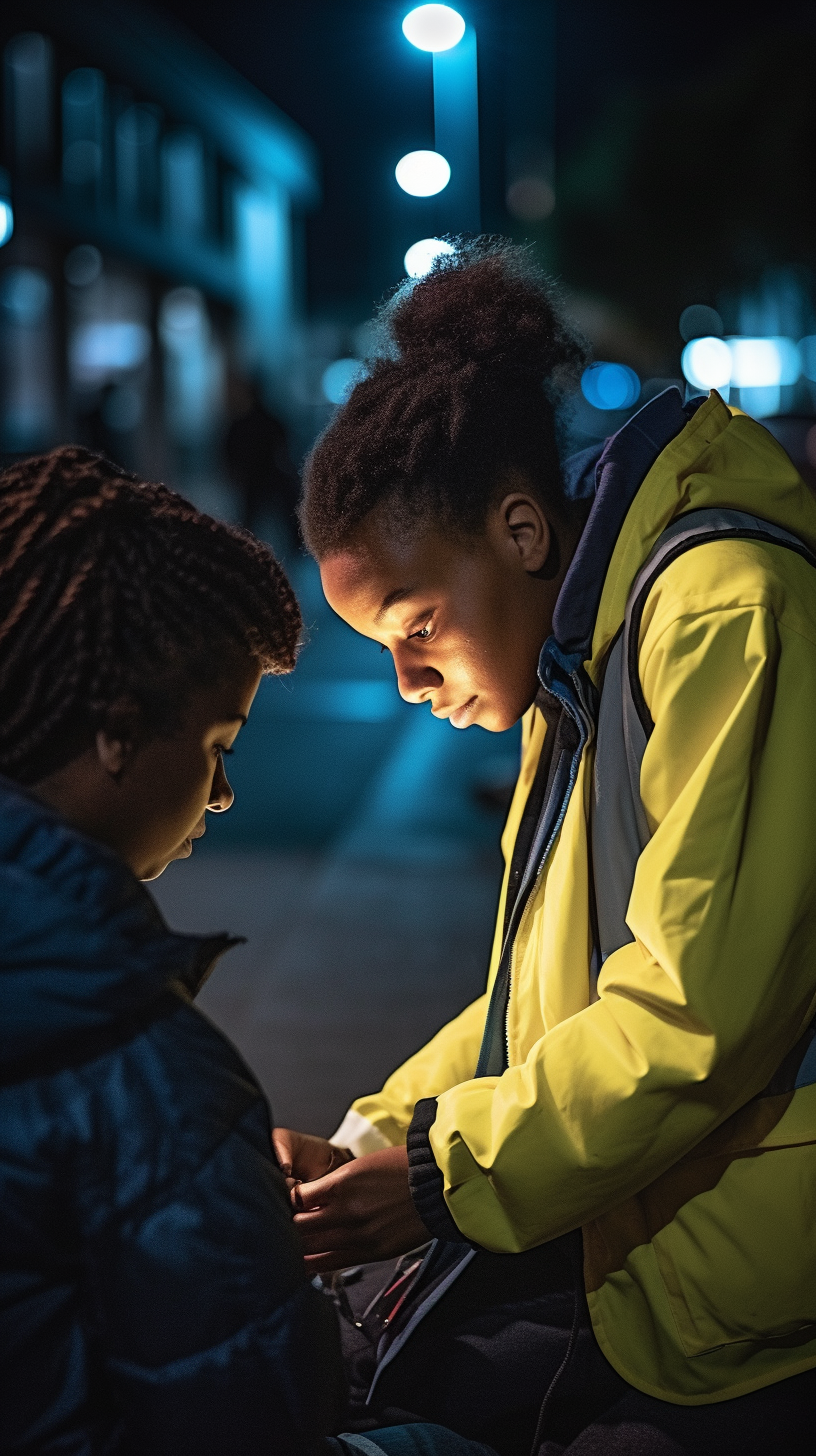 Woman helping young person sleep on street at night