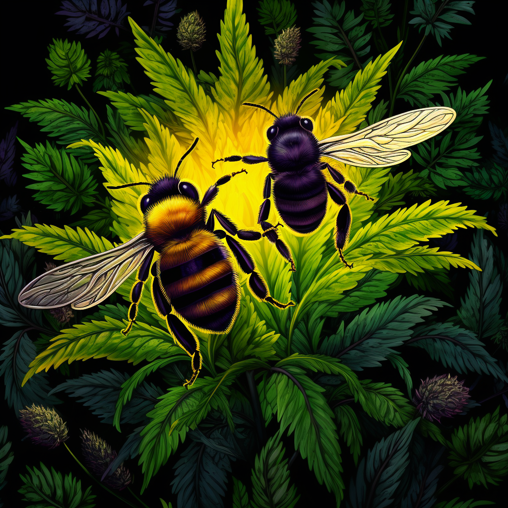 Hemp leaves and animated bumblebees