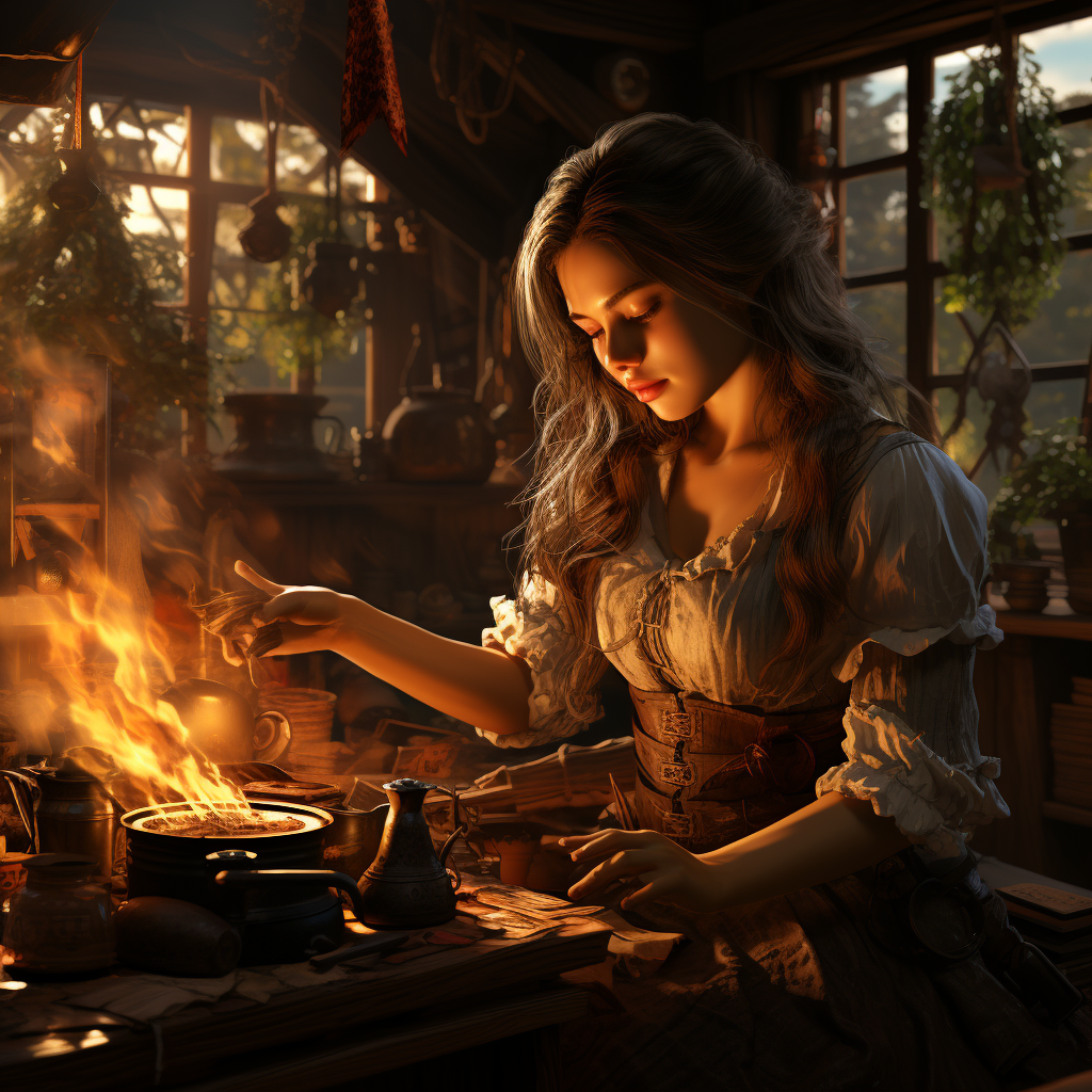 Herbal witch cooking in hut