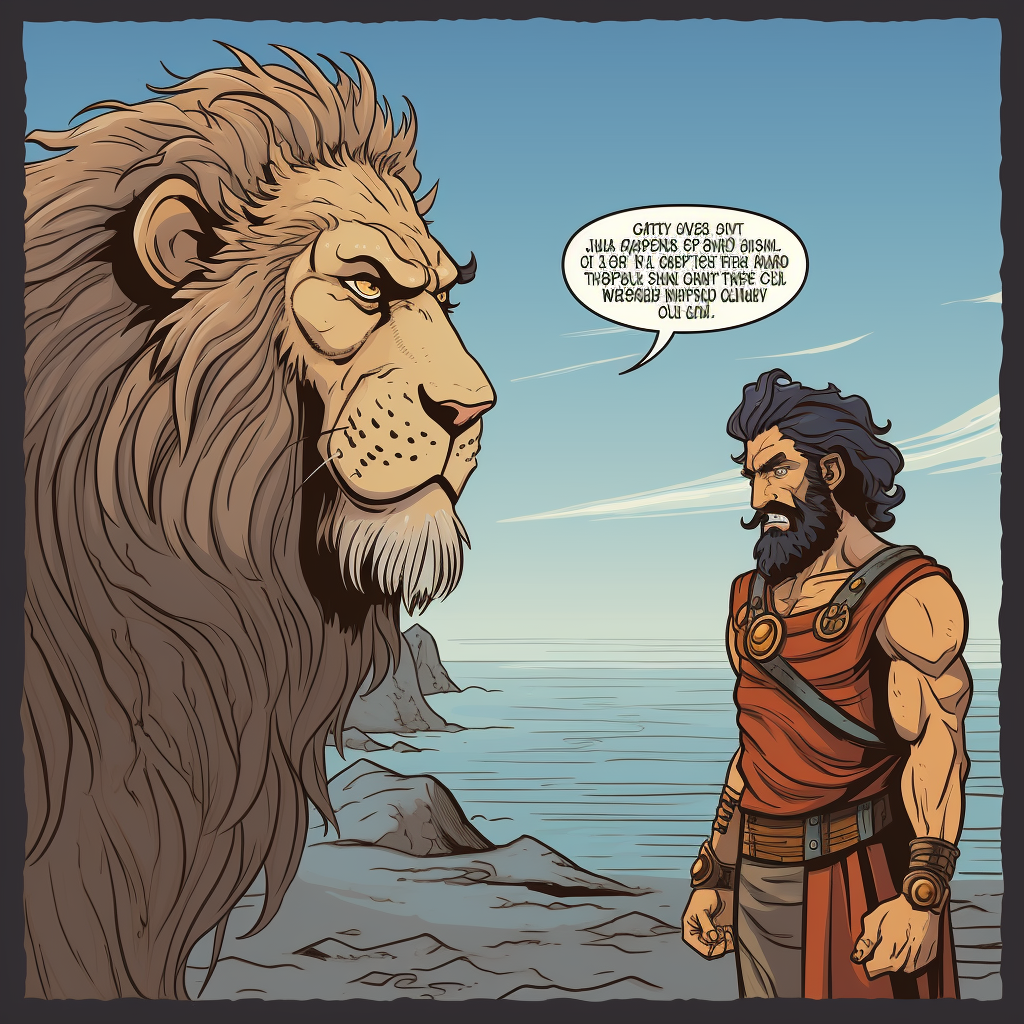 Sad-faced Lion Meeting Hercules