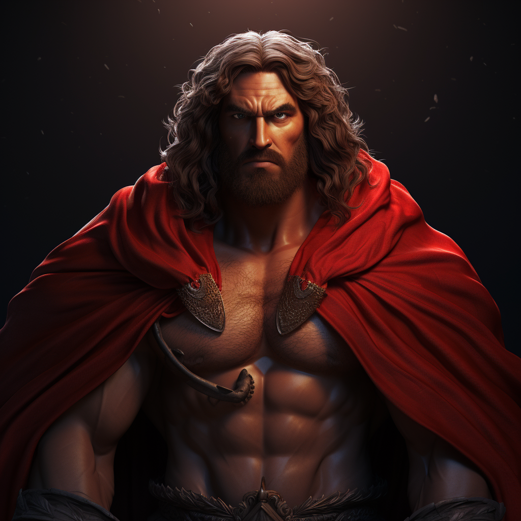 Determined Hercules in Red Cloak Saving the Day