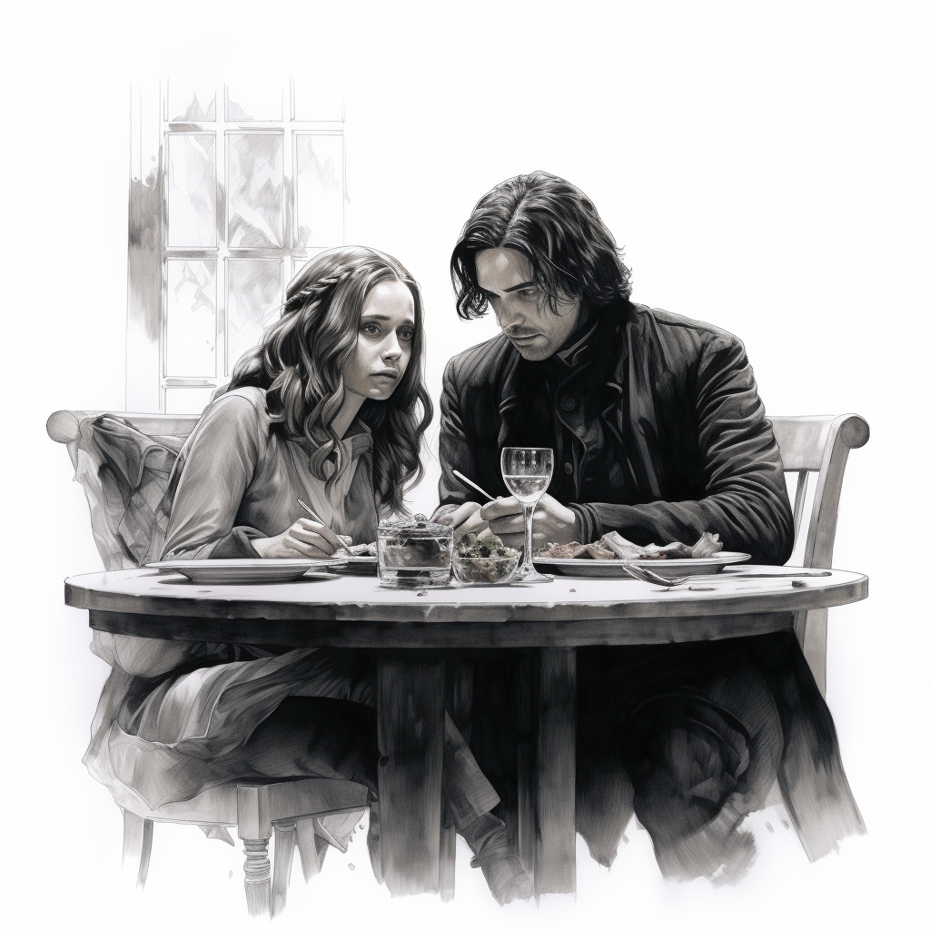 Hermione and Snape sitting at a table sketch