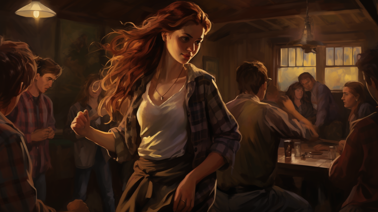 Hermione dancing in 60's style twilight country pub