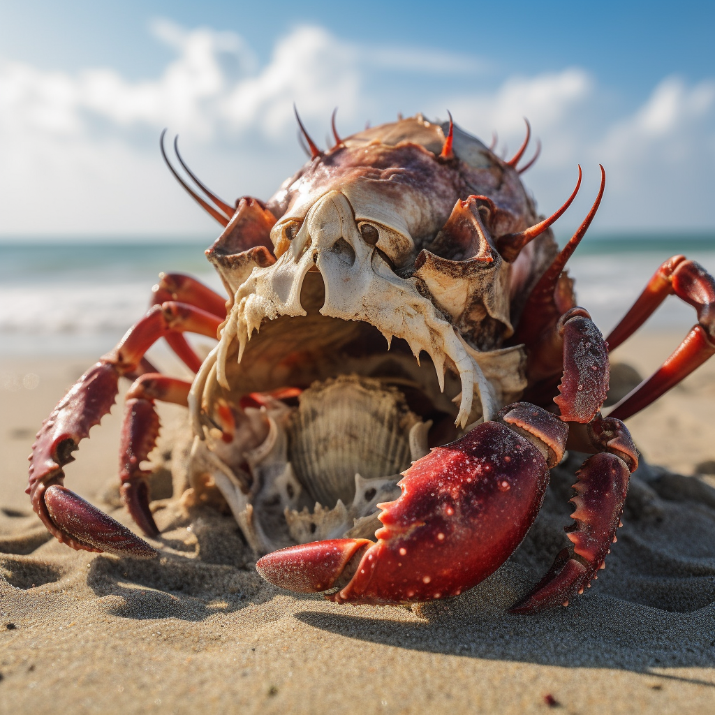 Hermit crab inside a skull on the beach