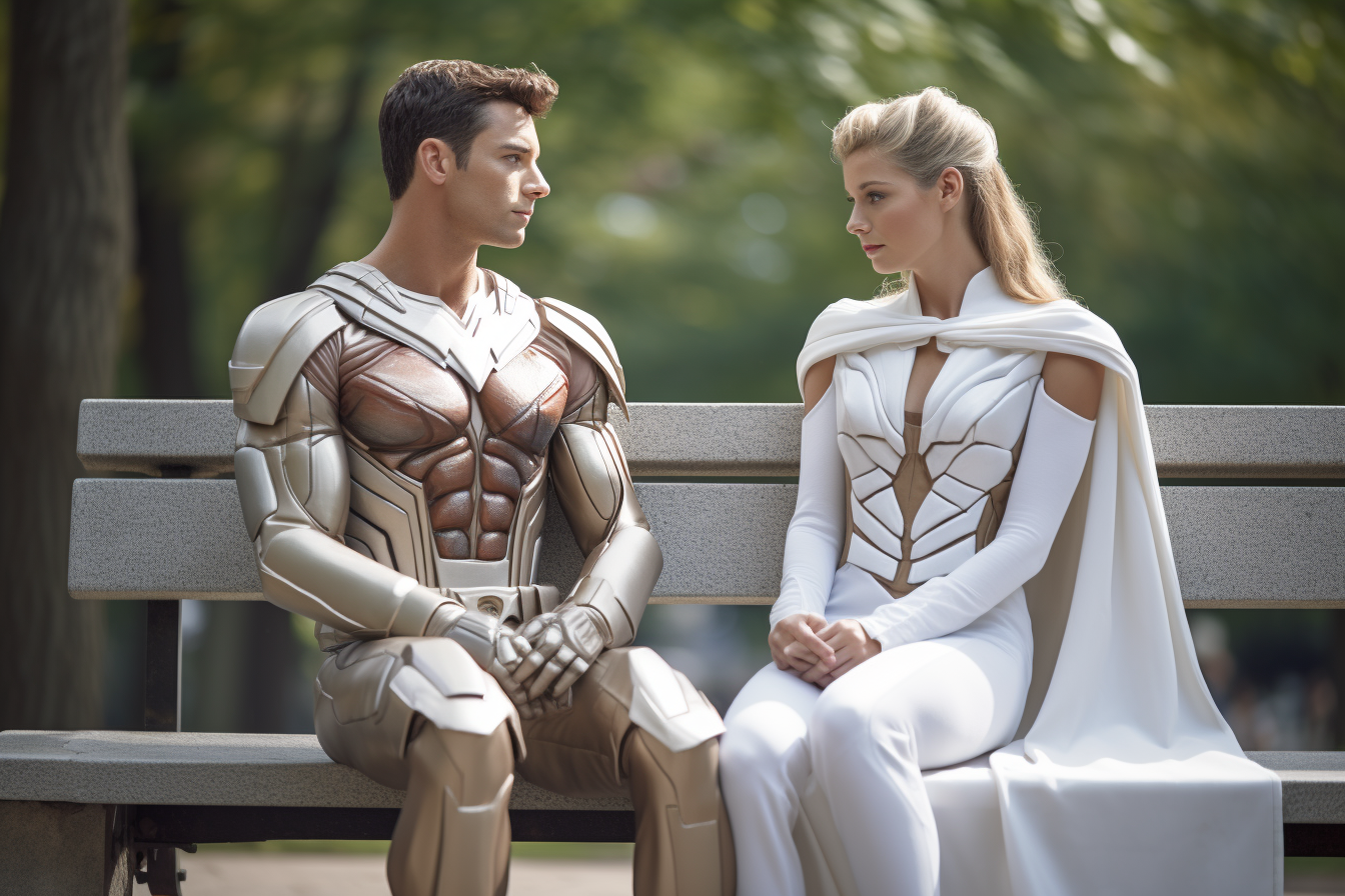 Costumed couple sitting on park bench in conversation