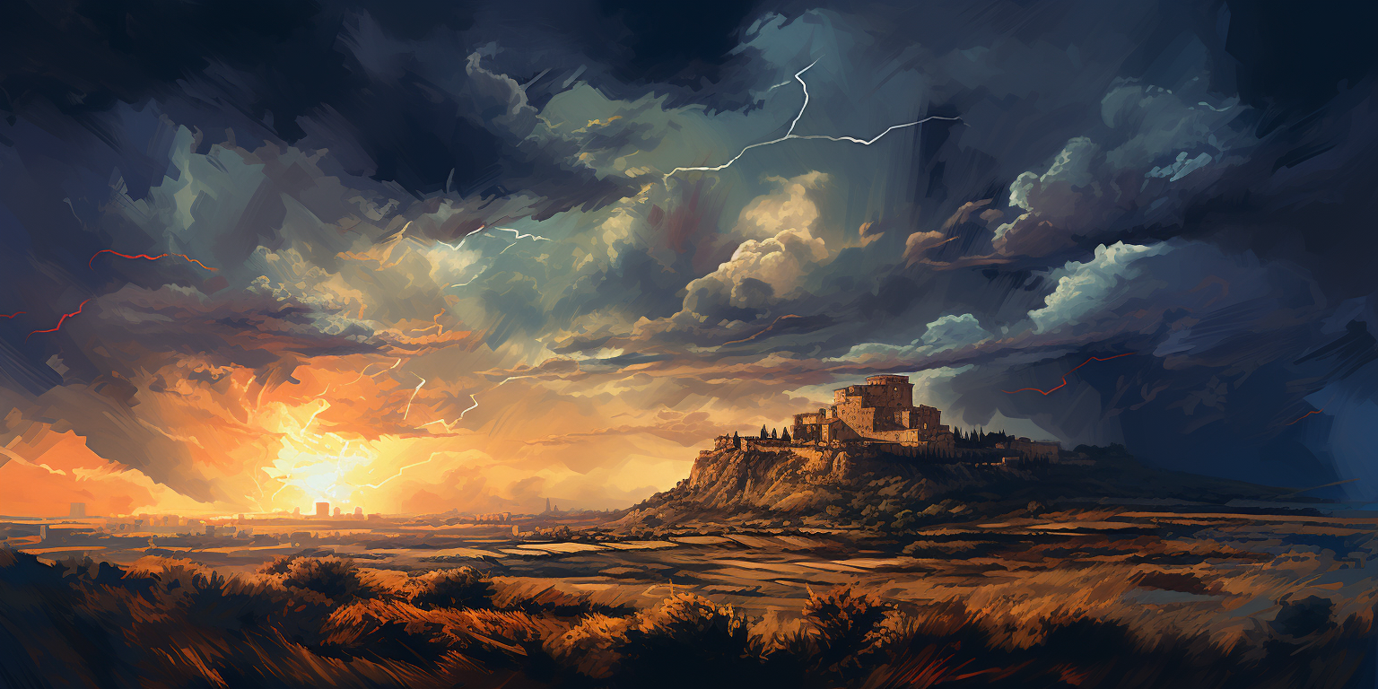 Expressive digital painting of hero lighting old Roman landscape