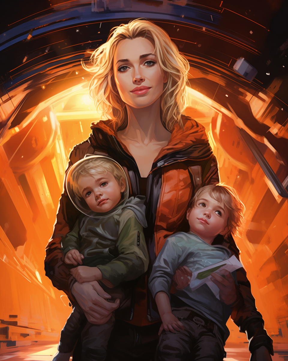 Heroic blonde mother with children in action