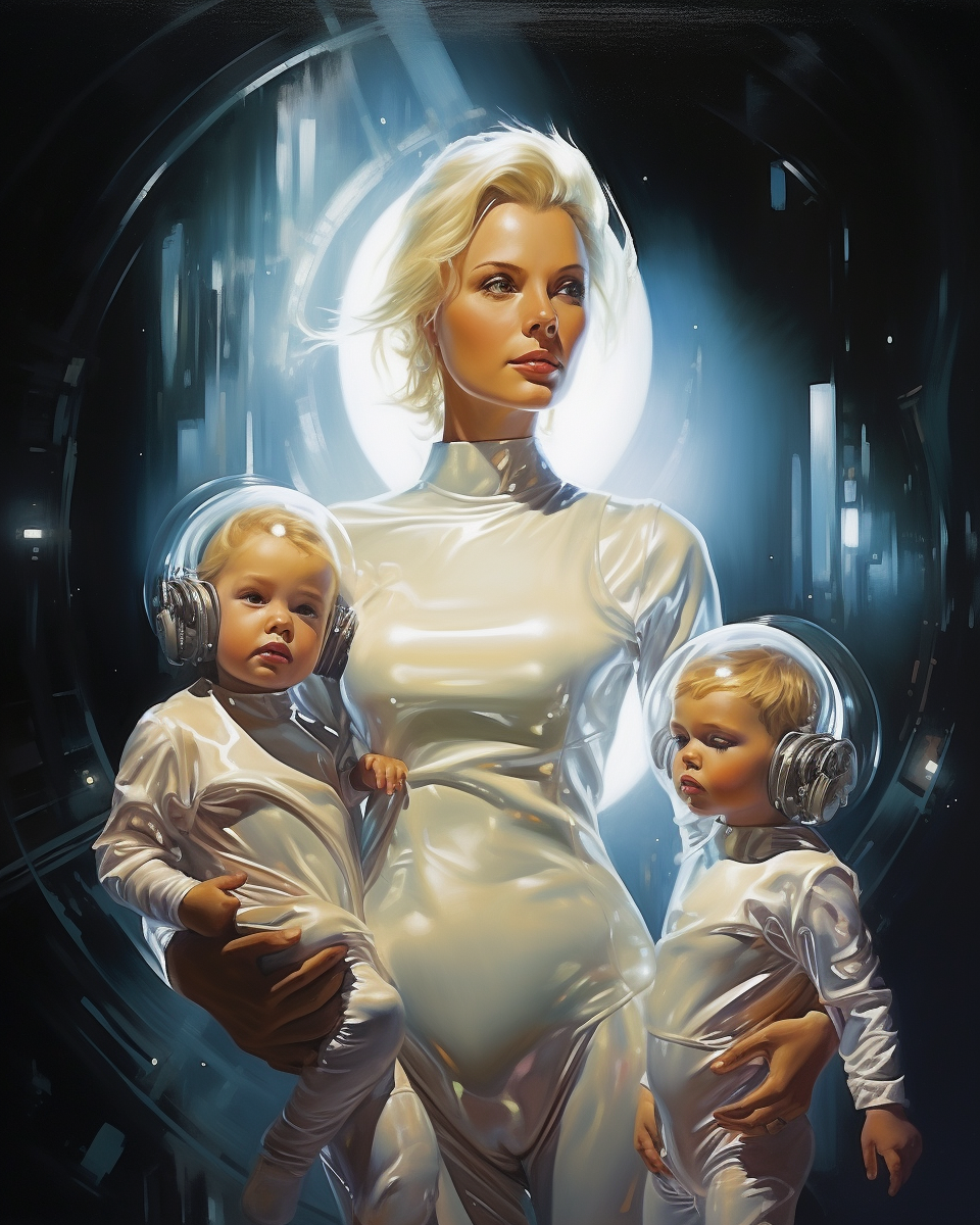 Heroic blonde mother with her two small children