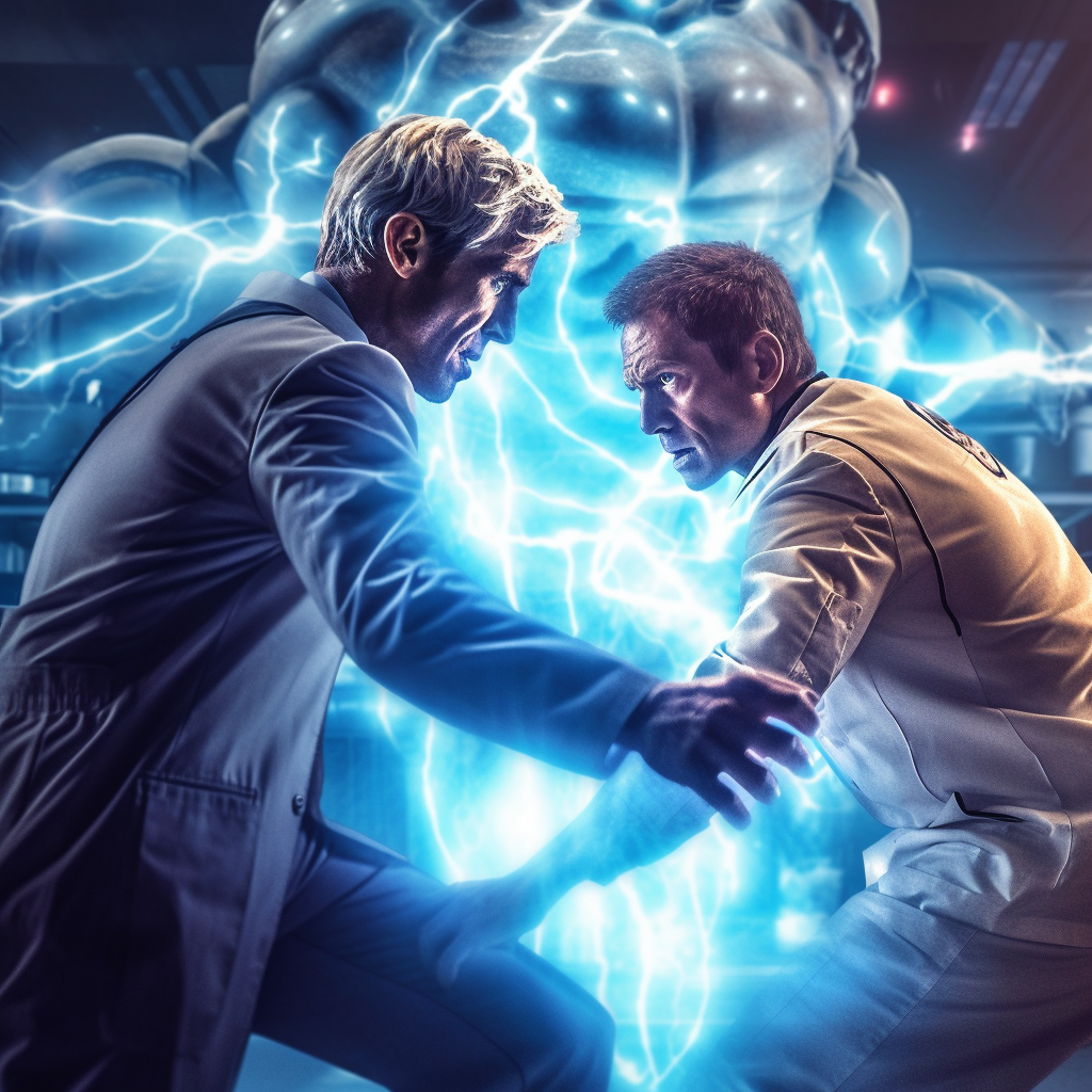 Heroic medical doctor fighting giant supervillain