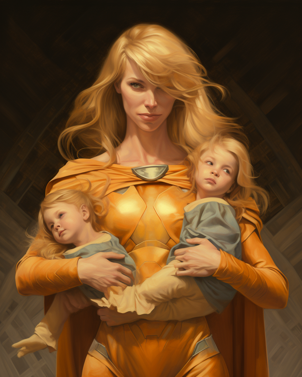 Heroic blonde mother with two children