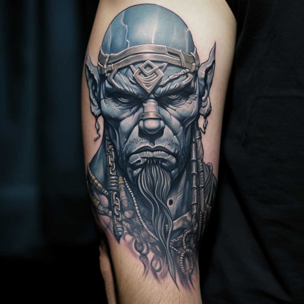 Pensive Goliath monk with striking tattoo