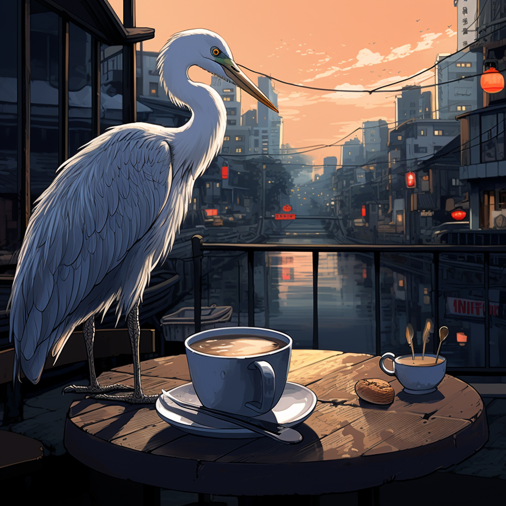 Cartoon heron enjoying coffee in Tokyo