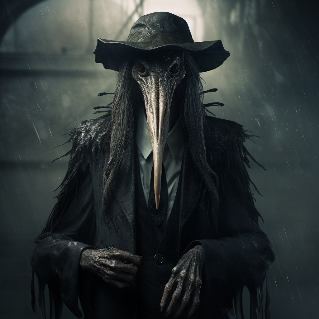 Elegant Heron Person in Lovecraftian Horror Setting